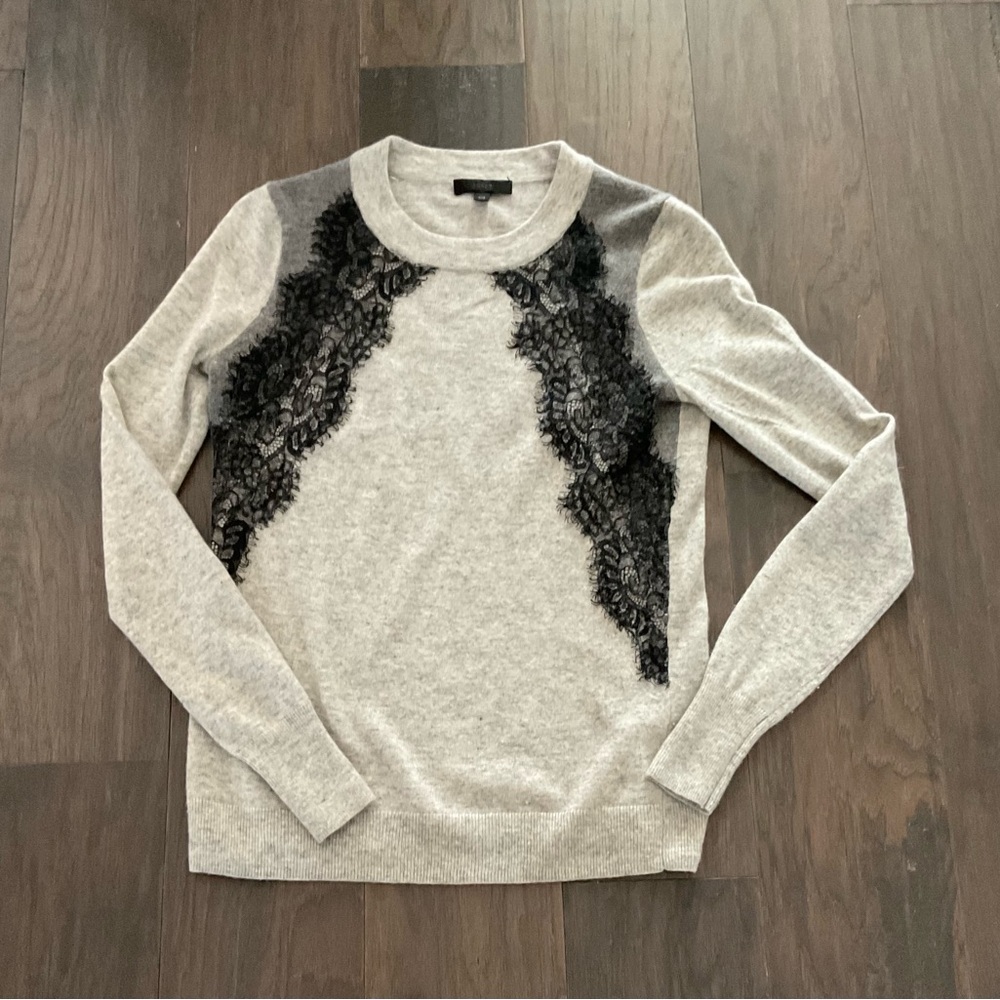 J. Crew Colorblock Lace Panel Wool Blend Sweater, Gray/Black, Size XXS